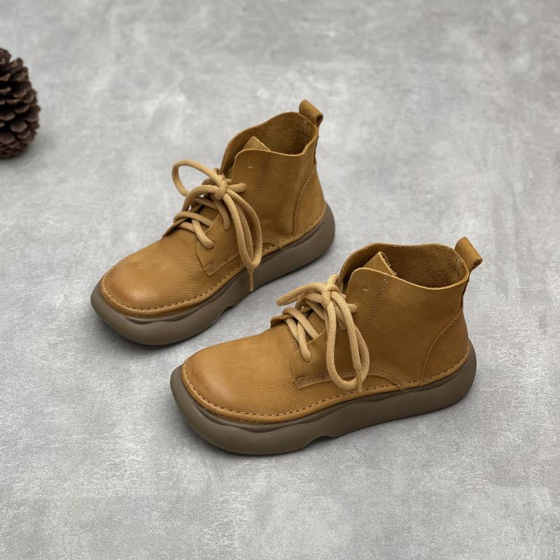 Johnature Retro Oryginalne Skórzane Krótkie Buty Szerokie Noski Sznurowane Skórzane Buty Damskie Miękka Podeszwa