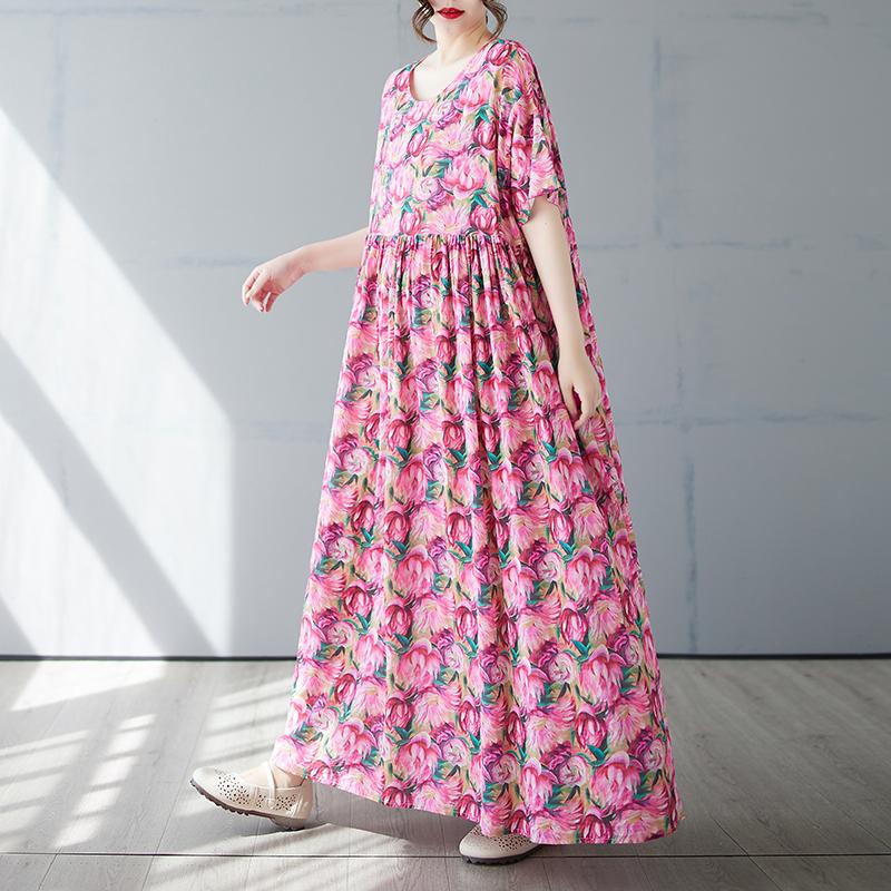 

DIMANAF 2025 Летнее платье больших размеров для женщин с винтажным цветочным принтом Повседневное свободное базовое платье с круглым вырезом Макси One size