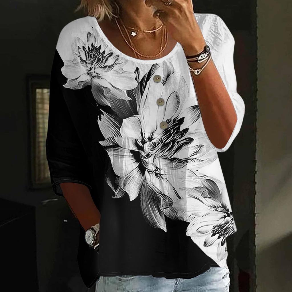 Women's Fashion Casual Three-quarter Sleeve Loose Round Neck Button Floral Print Top