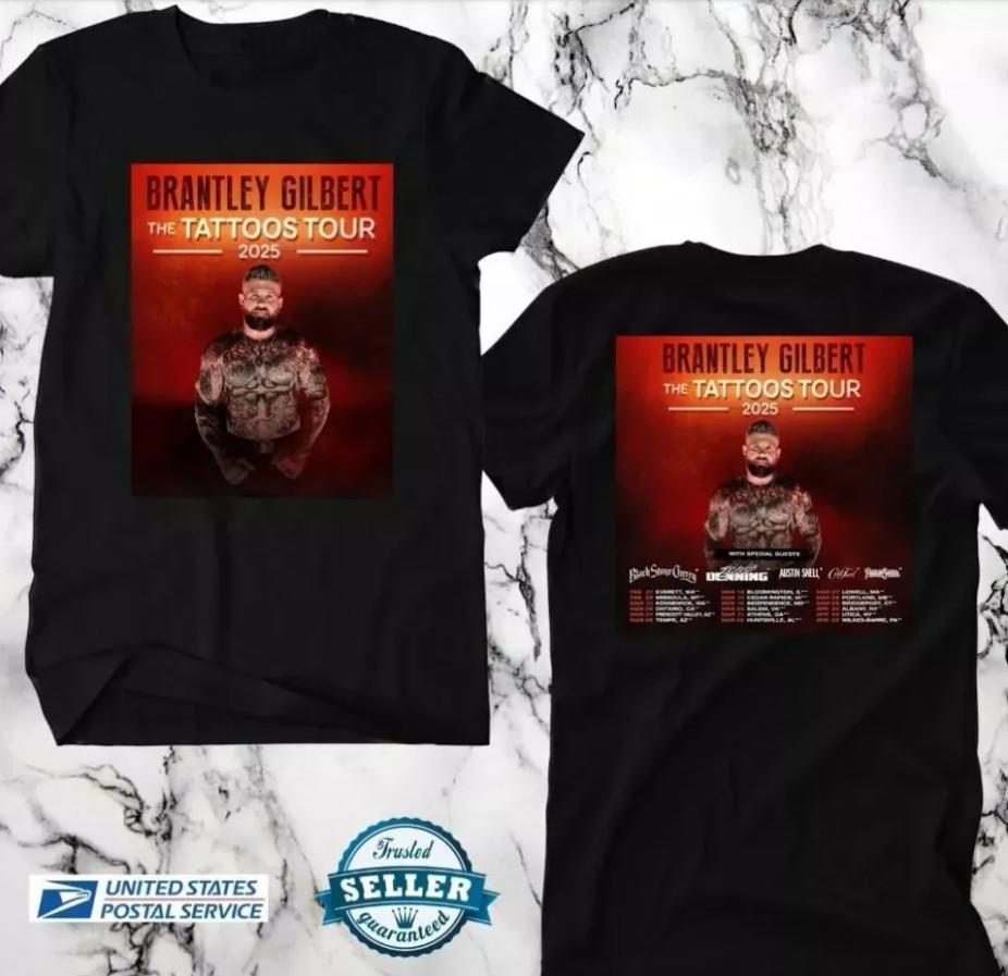 Brantley Gilbert Tattoos USA Tour 2025 T-Shirt – Heavyweight Black Tee for Men