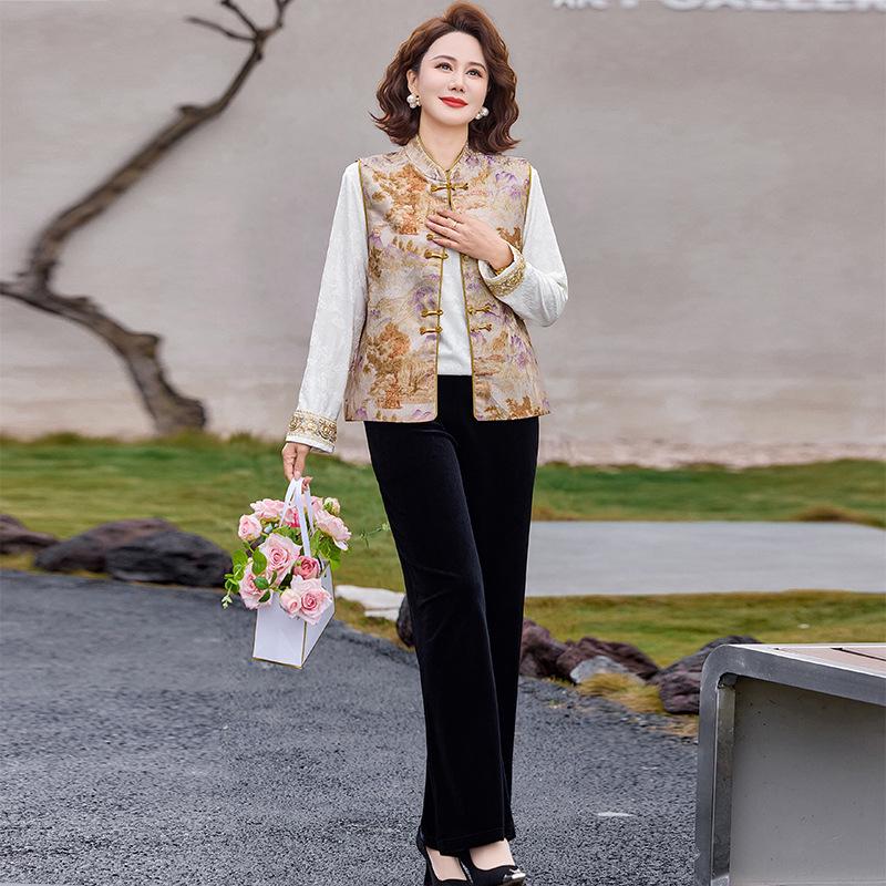 

2026 Chinese Style Golden Velvet Spring Suit - Three-Piece Set for Middle-Aged and Elderly Women 2XL suitable for 105-120 jin жовтий/білий