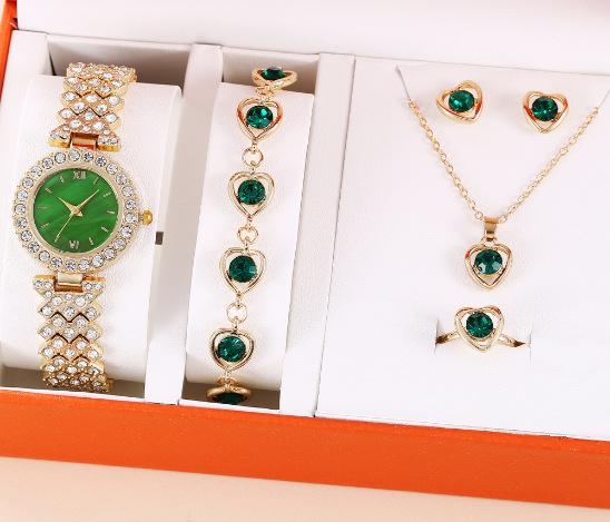 Women'S Watch Fashion Simple Temperament Square Quartz Watch + Versatile Chain Red Gemstone Necklace + Earrings + Bracelet
