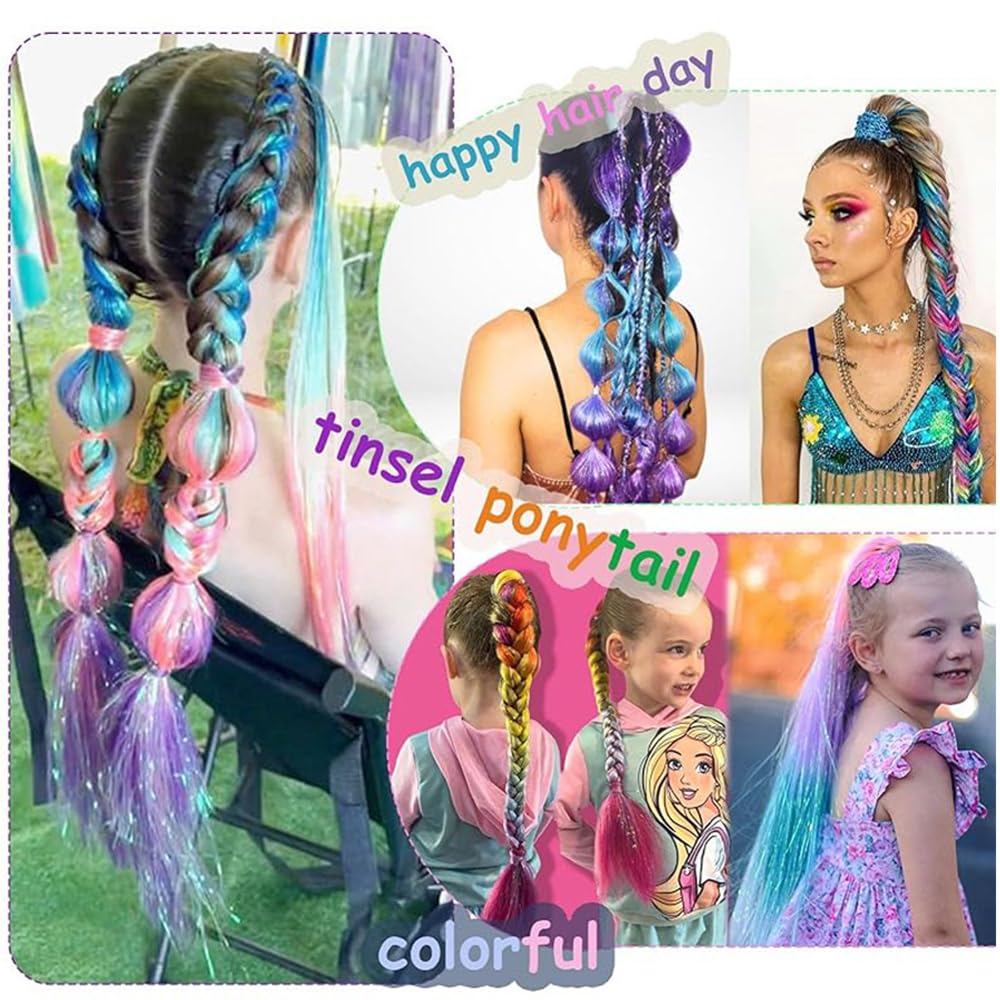 Hair Tinsel Color Extensions for Kids, Stage Use, Set of 2, Easy to Apply, Sparkling Red Gradient, Braided Hair Bundles, Wig, DIY, 60cm, 50g, Stylish