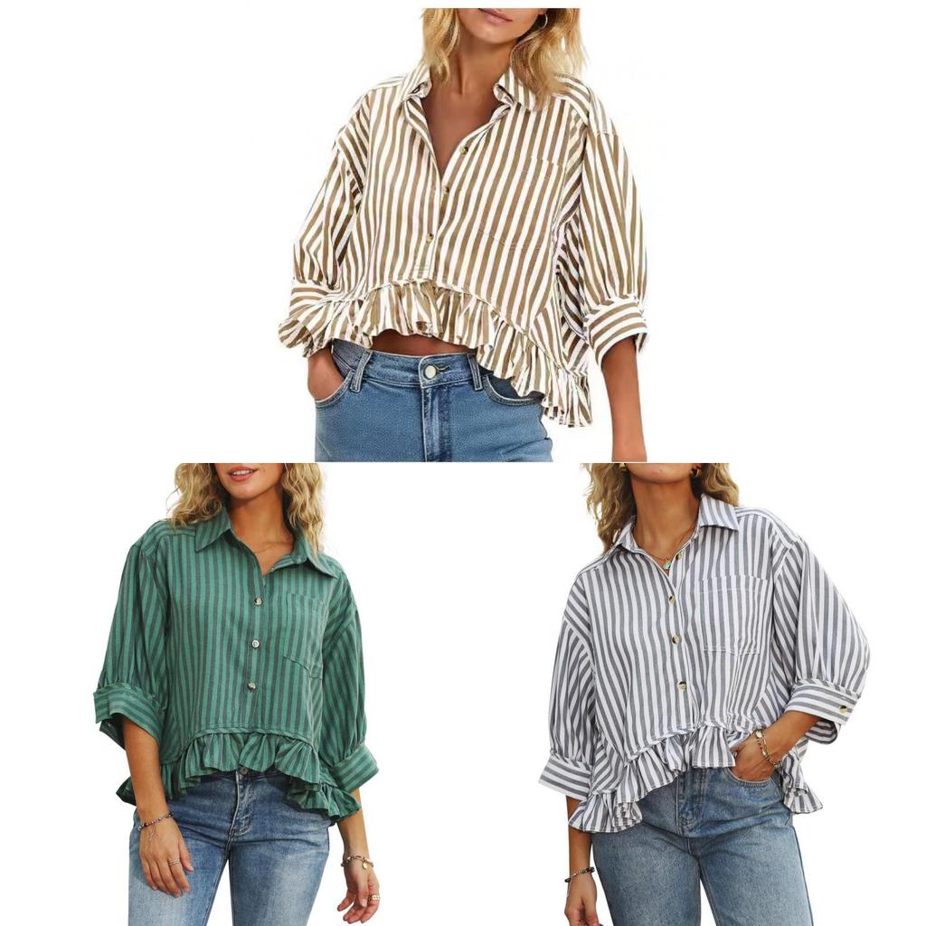 Womens Striped Blouse With Ruffle Hem And Print For Office Wear