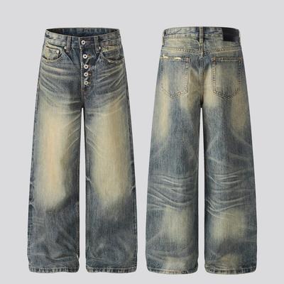 Mens Loose Straight Leg Jeans Vintage Washed Distressed Streetwear Denim Pants