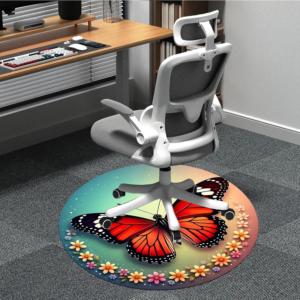 1pc Butterfly Print Chair Carpet for Office, Round Polyester Mat, Indoor Decor for Office, Easycare Fabric, Washable Non-slip Area Carpet