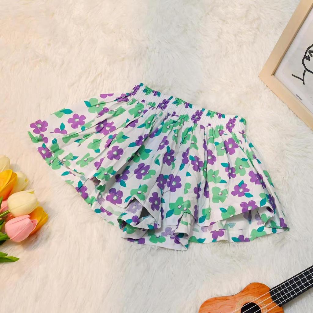 Summer Floral Print Shorts for Girls Pantskirt Kids Tutu Shorts Loose Leg Pants Girls Pleated Culotte Children Clothes