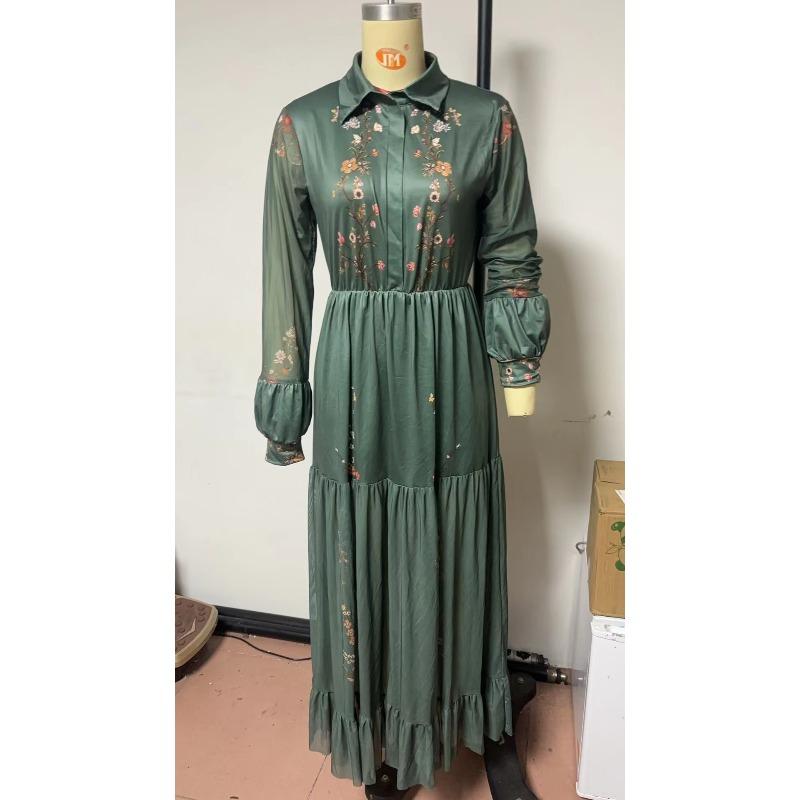 Abito Lungo da Donna a Maniche Lunghe Stampato con Collo a Camicia Abito Lungo