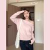 Pink diagonal neck knitted bottoming shirt women's spring off-the-shoulder Spice Girl top temperament versatile sweater