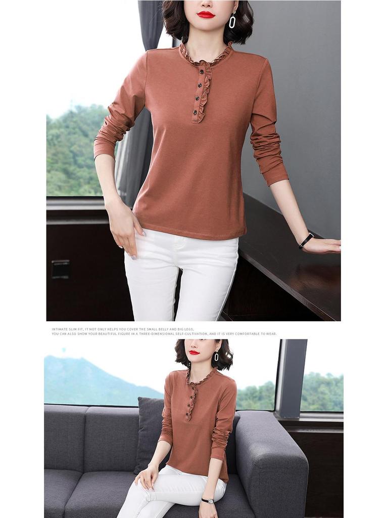 Women's Long-Sleeve Stand-Up Collar T-Shirts with Ruffled Collars, Loose Fit, Large Size - Perfect for Spring and Autumn