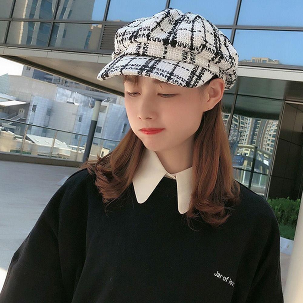 Keep Warm Artist Hat Korean Style Autumn Women Visors Cap Painter Hat Plaid Beret Octagonal Cap