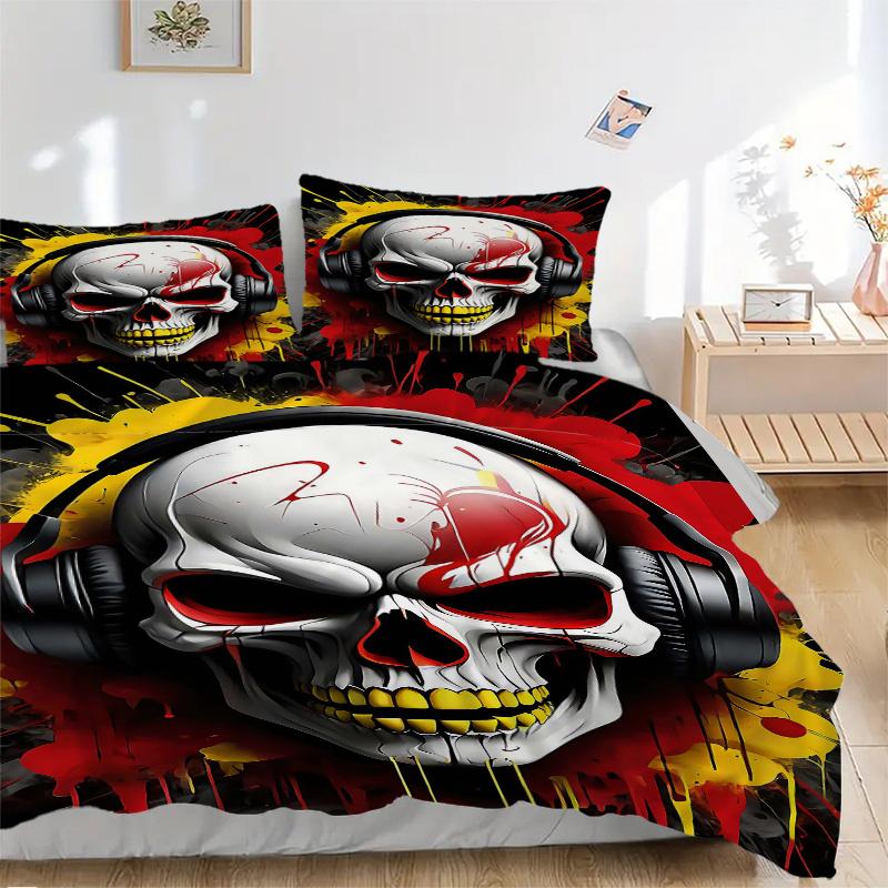 3pcs Headphones of Death Pattern Bedding Three-Piece Set (1 Cover + 2 Pillowcases, No Fillings), This Printed Bedding Set Is