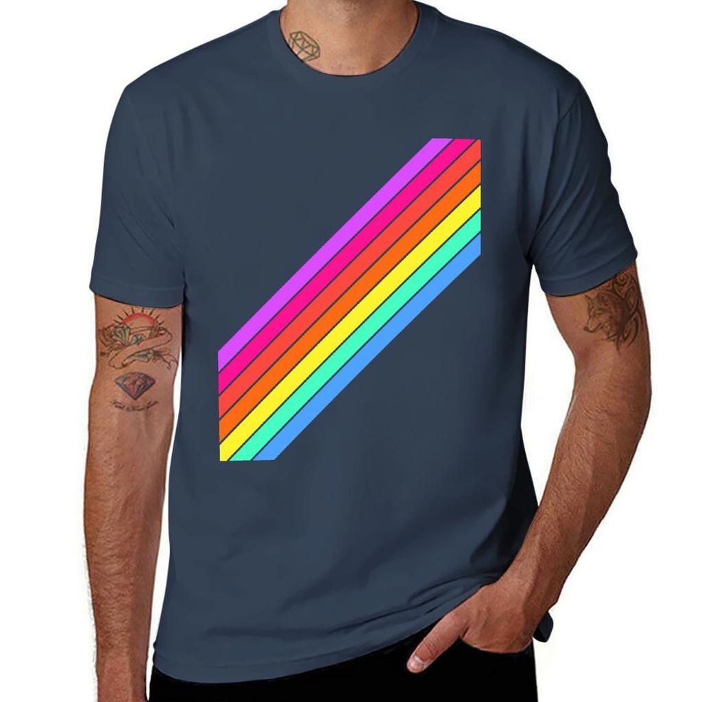 Retro Rainbow Stripes TShirt Basic Short Sleeve Cotton Blend TShirt