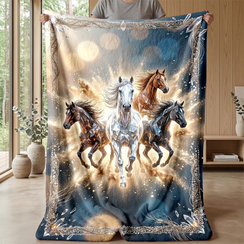 Golden Horse Journey Theme blanket Lightweight Warm Flannel Blanket Decorative Throw Blanket for Home Decoration