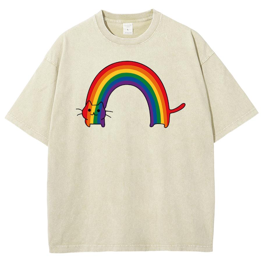 Cartoon Funny Style Rainbow Cat Print Women's T-Shirt Fashion Simple And Cute Short Sleeve Wash Loose Retro Crew Neck