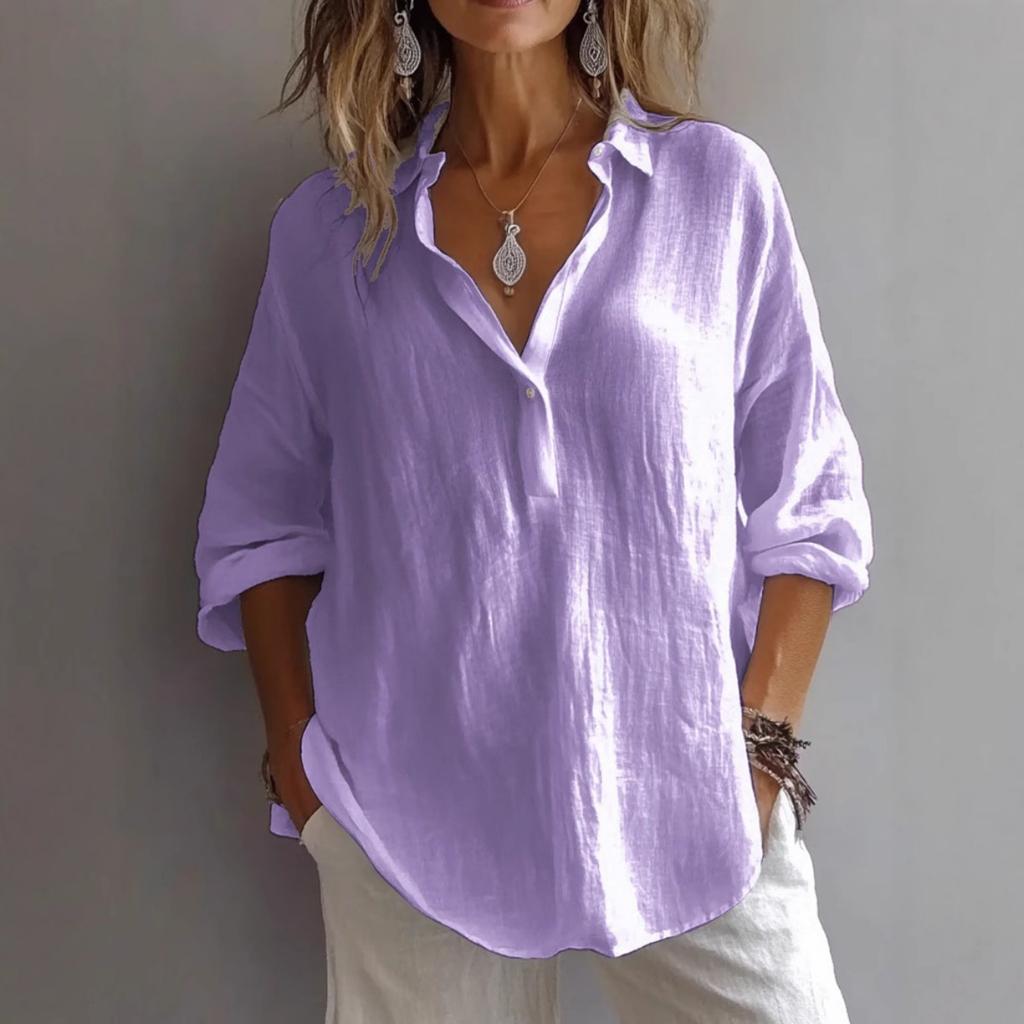 Ladies' Lavender Shirt - Classic Collar Non Elastic Button Top, Breathable Long Sleeve for Daily Office and Casual Dress