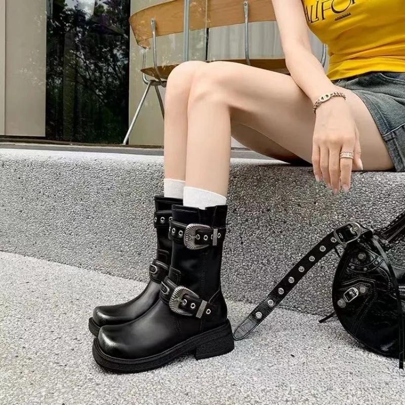 Fashion New Belt Buckle Height Increasing Knight Mid-calf Boots Autumn Winter Women Retro British Style Thick Soled Short Boots Size 43