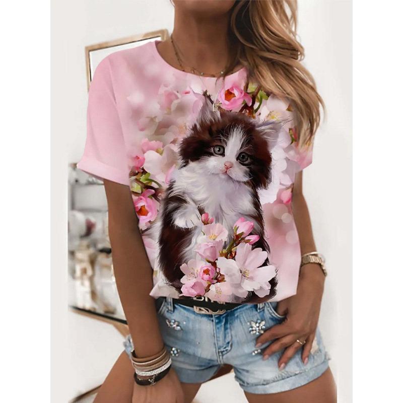 Summer Calf Print Women's Commuting Round Neck Short Sleeved Shirt T-Shirts Women’s