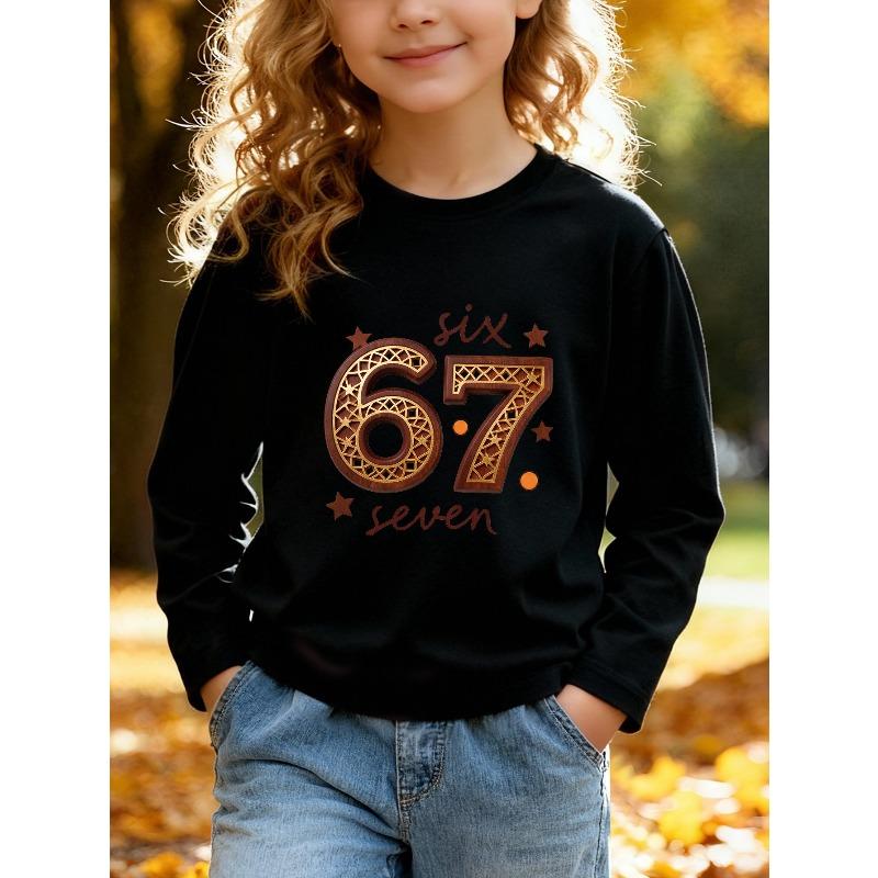 Unisex Kids Pink Crewneck Sweatshirt For 4-12 Boys Girls Retro Wood Carved Star Hollow Lattice Number 67 Handwritten Six Seven Star Dot Decor Print