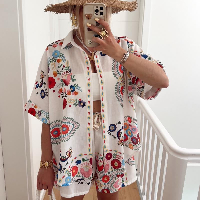 2025 Bohemian Casual Fashion Linen Shirt Suit Small