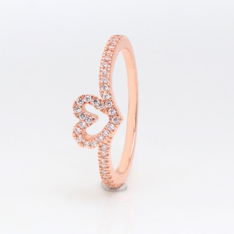 Pan Jia White Copper Rose Gold Heart Wishbone Ring - European/American Style, Heart-Shaped Hollow Design, Ideal Surprise Gift. 52