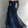 Vestido Longo Maxi Elegante Feminino de Malha Transparente Sem Alças Cintura Alta Formal para Cocktail Casamento Festa à Noite Baile
