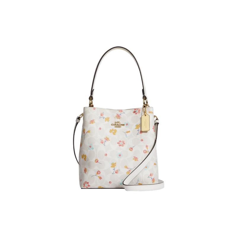 

COACH handbag Town 22 classic old flower small fresh print coated canvas and smooth leather bucket bag portable crossbody shoulder bag small size білий