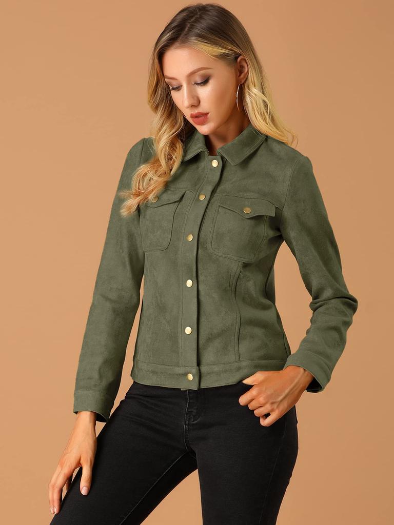 Allegra K Faux Snap Dark Size L Jacket, Suede, Turn-Down Collar, Buttons, Green,