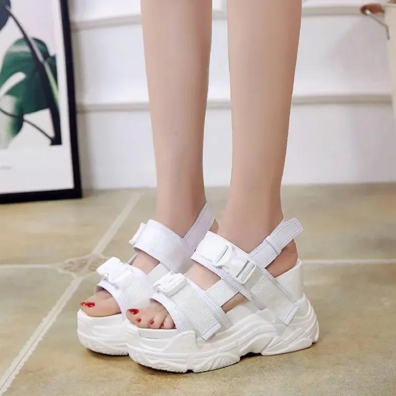 Sandalias De Mujer Verano 2024 Platform Shoes Wedge Heels Shoes Women Buckle Thick Soled Beach Sandals Woman Sport Sandal Black