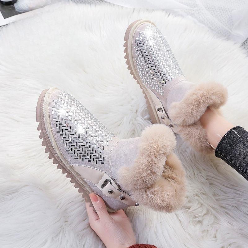 Fashion Winter Plush Rhinestone Round Toe Woman Shoes Trend 2025 Work Snow Boots for Women Designer Luxury On Promotion Y2k Goth Ankle