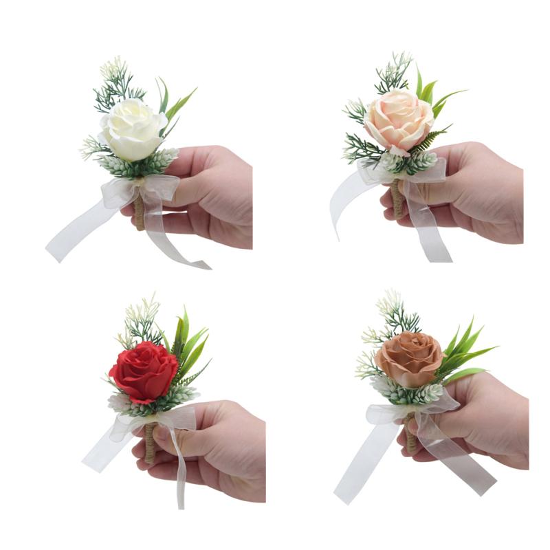 2pcs Artificial Waterproof Flowers Green Plants Corsage Bride Groom Bridesmaid Group Wedding