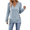 Women Tops V-Neck Long Sleeve Side Buttons Decor Casual Pullover Tops Solid Color Spring Autumn Blouse