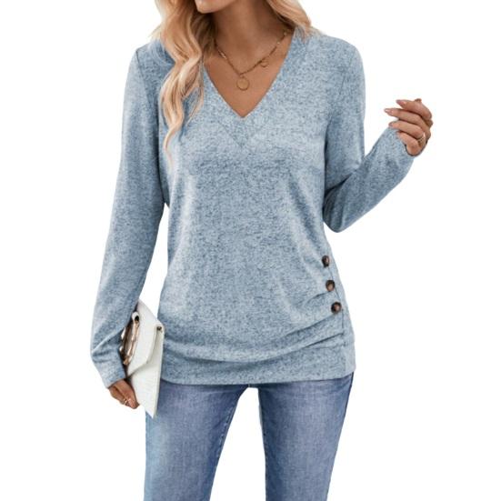 Women Tops V-Neck Long Sleeve Side Buttons Decor Casual Pullover Tops Solid Color Spring Autumn Blouse
