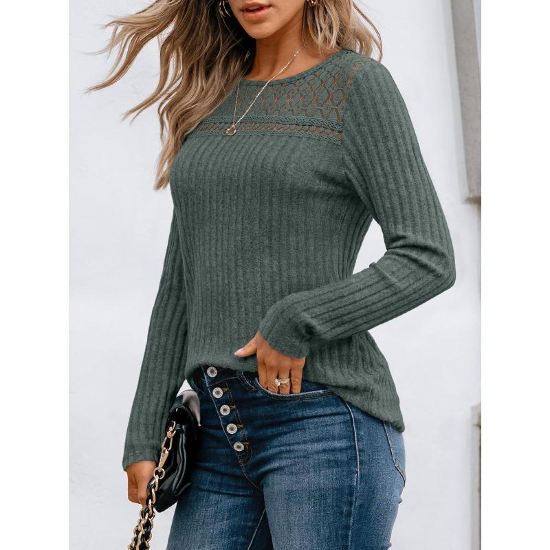 QICED Women's Fashion Casual Solid Color Print Long Sleeve O Neck Blouses & Shirts