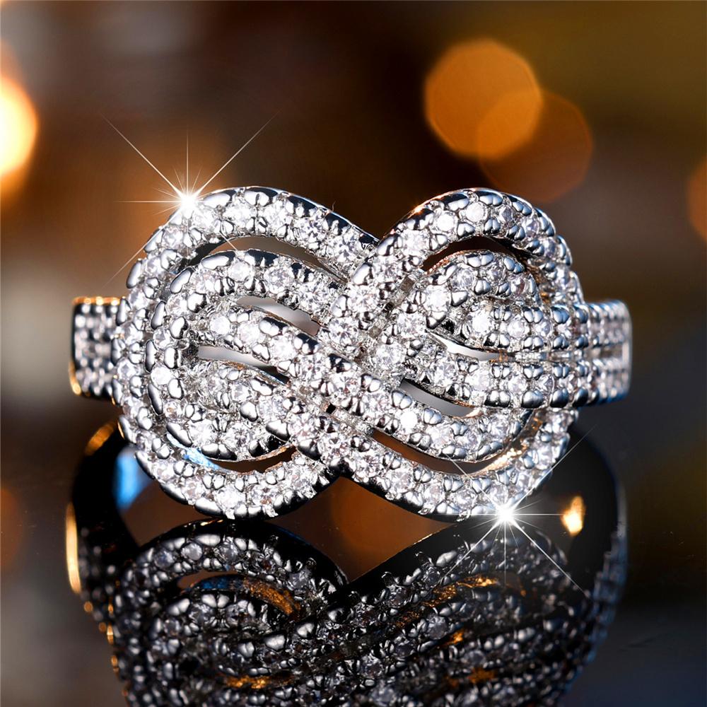 Female White Zircon Stone Finger Infinity Engagement Ring Vintage Silver Color Wedding Band Bridal Jewelry For Women