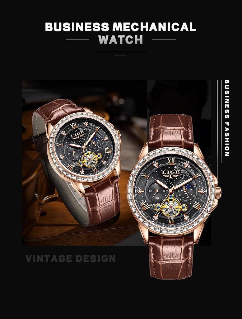 LIGE Men's Tourbillon Waterproof Mechanical Watch with Moon Phase