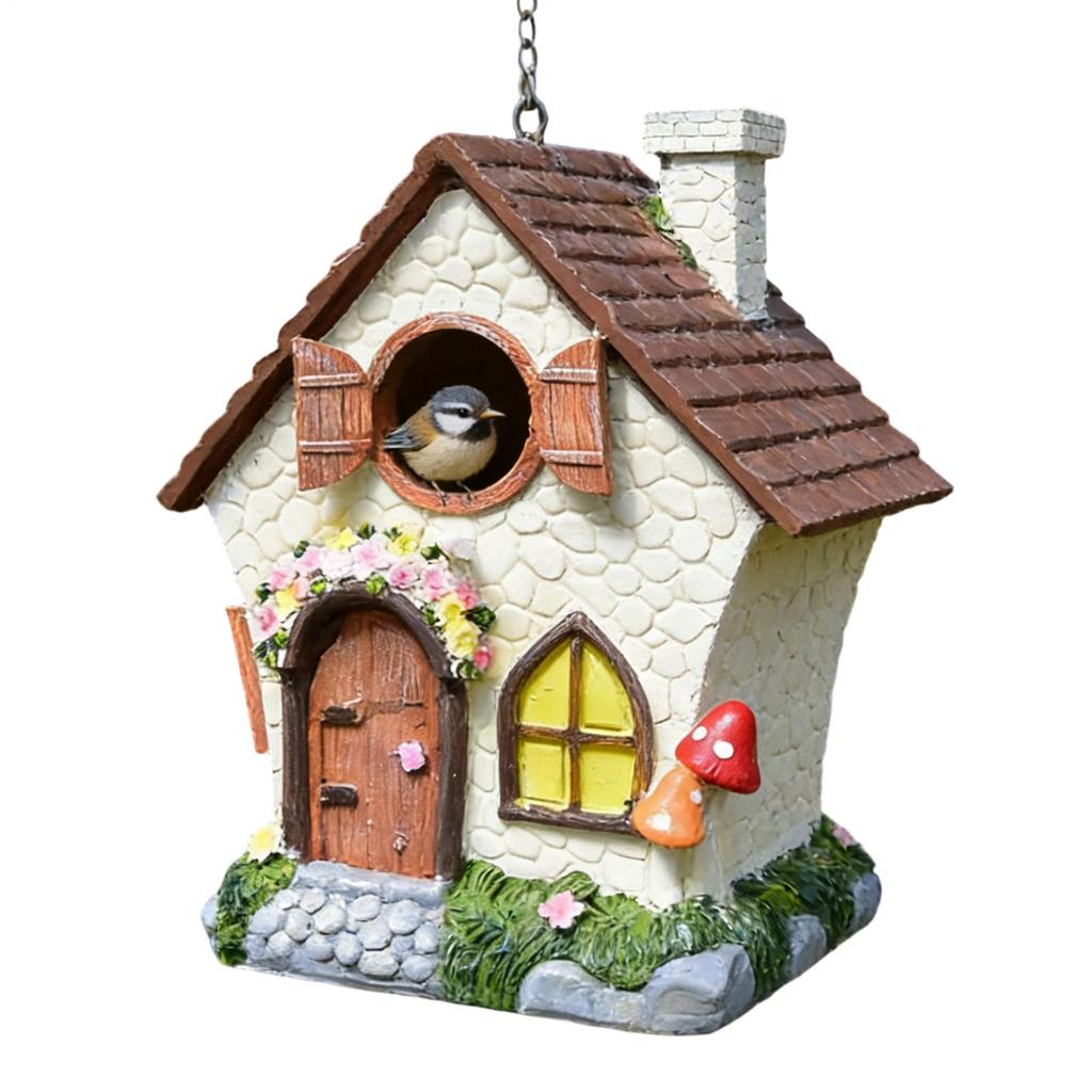 Outdoor Fairy Garden Bird House 8.3-inch Hand-painted Resin Decorated Bird Nest With Chain Waterproof Cute Bird House