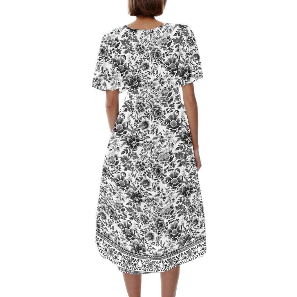Women's Fashion Casual V Neck Short Sleeve Retro Floral Print Dress Midi Length Lightweight Summer Dress