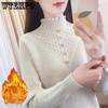 Einteiliger Samt-Strickpullover, halbhoher Kragen, Schleife, Plüsch, verdickter Pullover, Damen-Bottom-Shirt, schmales Pendeln, Herbst und Winter
