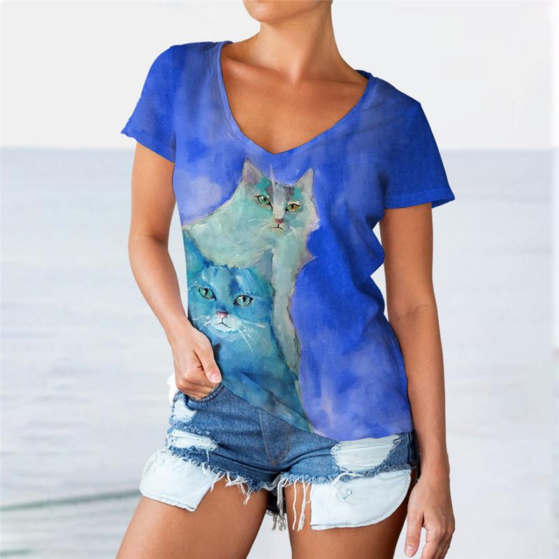 Handbemalte Cartoon Katze Damen Niedliche T-Shirts Kurzarm 3D Gedruckt Street Style Damen Tees Locker Lässig V-Ausschnitt Tops Übergroß