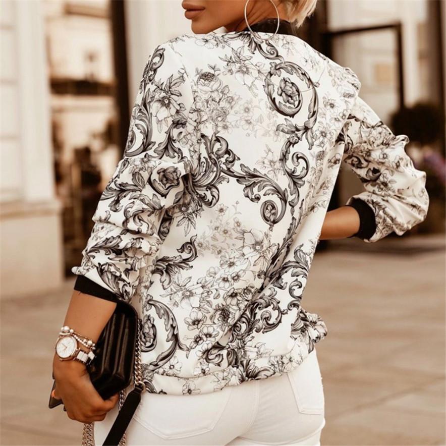 Damen trendige kurze Jacke Blumendruck Bomberjacke lässig Reißverschluss Slim Fit Streetwear