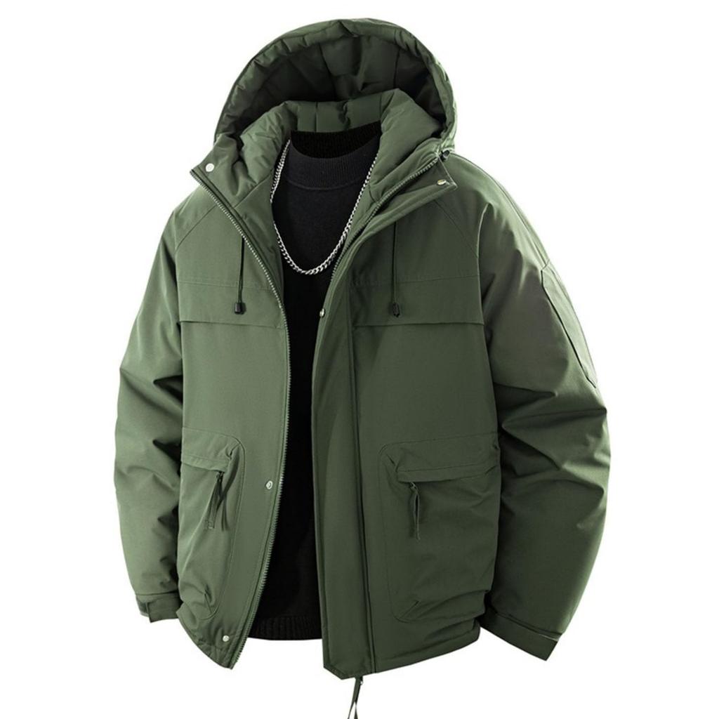 Men's And Women's Casual Solid-color Warm Graphene Hooded Cotton-padded Jacket, Men's Outdoor Large Pocket Workwear Thickened Down Jacket