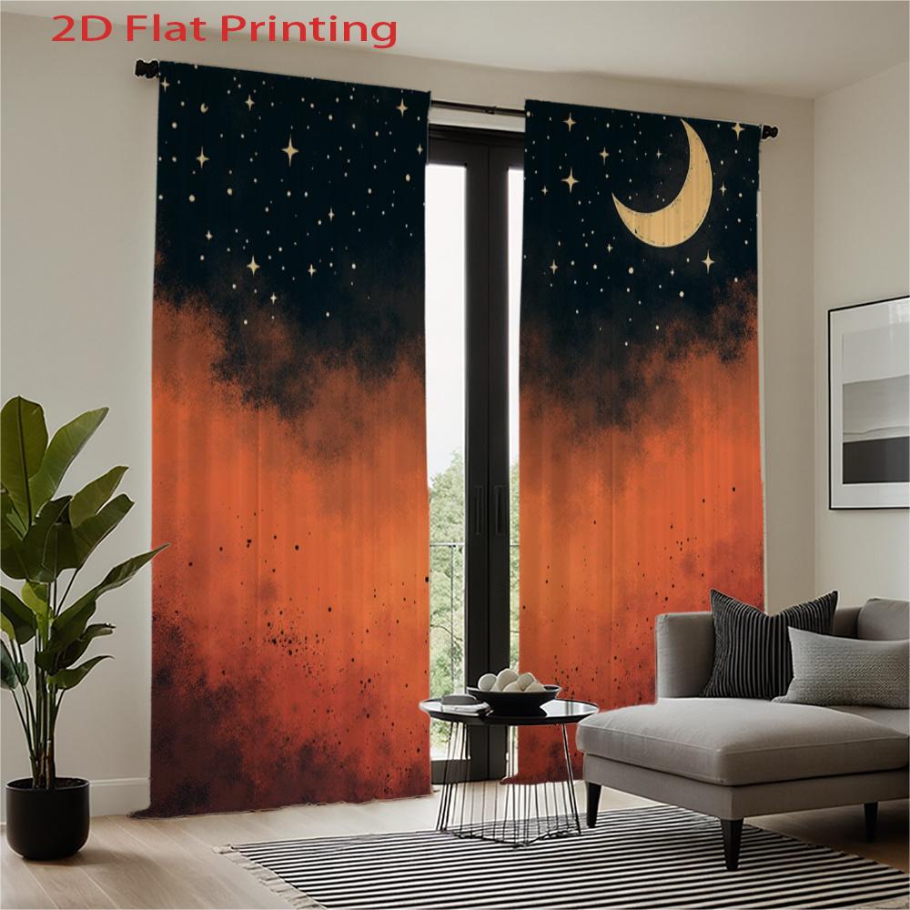 Set aus 2 flach bedruckten Vorhängen Nachthimmel Mond Stern Orangeton Schlafzimmer Wohnzimmer Heimdekoration Hergestellt Polyester Sitzfensterbehandlung
