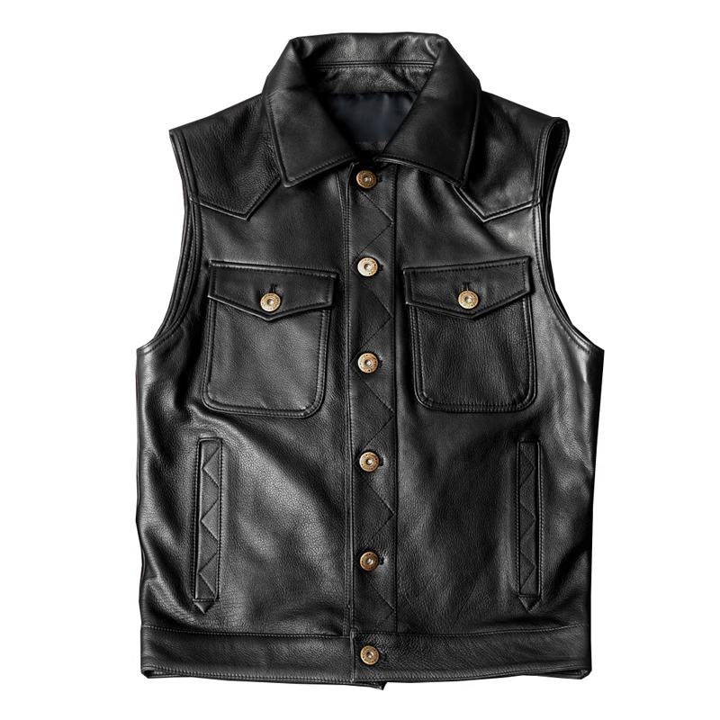 New Mens Leather Vest Genuine Cowhide Slim Fit Short Waistcoat Biker Jacket Fashion Trend