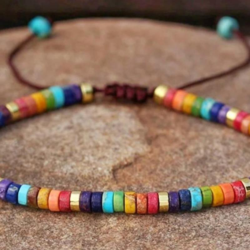 Women's Vintage Style Spacer Bead Woven Multicolor Bracelet, Natural Stone Adjustable Friendship Bracelet