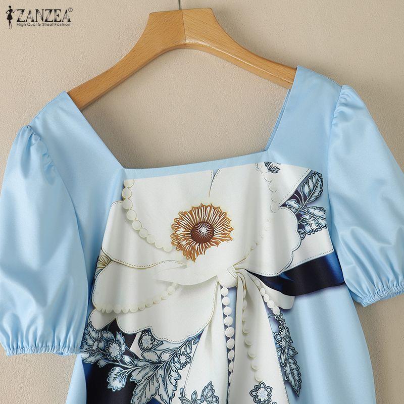 ZANZEA Women Square Collar Casual Floral Print Short Sleeve Blouse