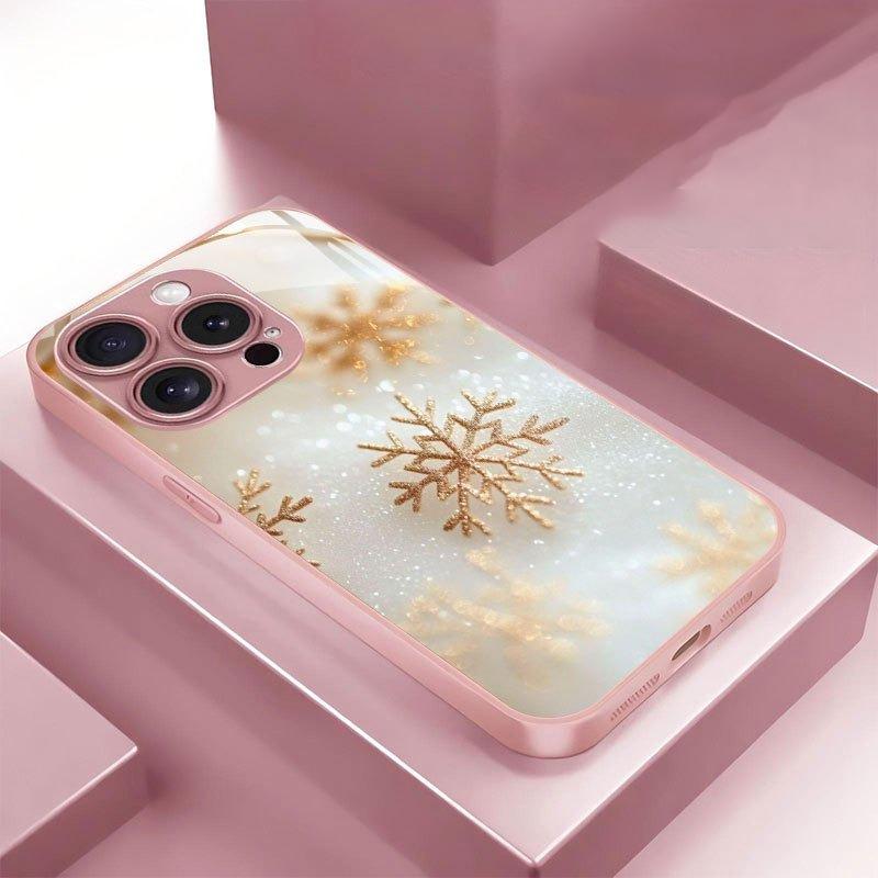 

Golden Christmas Snowflake Pattern Metallic Paint Glass Phone Case For iPhone 17 16 15 14 13 12 11 Pro Max Plus 16E 17 Air Cover iPhone 16 Pro