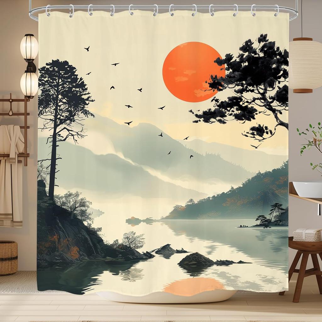 Japanese Cherry Blossom Shower Curtain Watercolor Black Red Floral Asian Chinese Mountain Sun Anime Fabric Waterproof