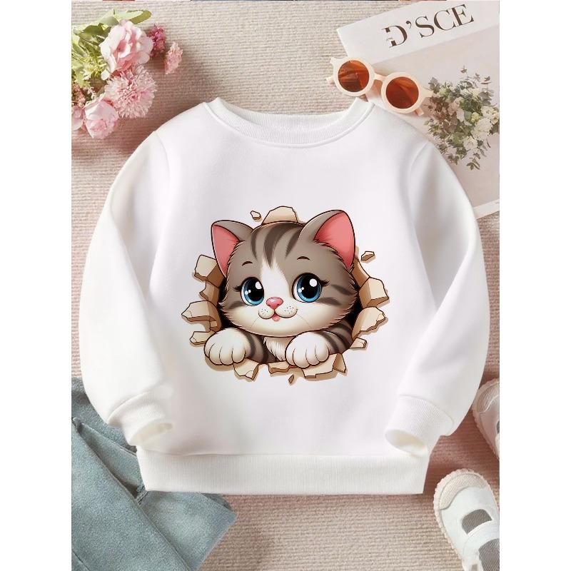 European Size Girls & Boys Cute Kitten Cat Print Sweatshirt - Soft White Winter Pullover with Tabby & Tuxedo Cat Design, Loose Fit Long Sleeve