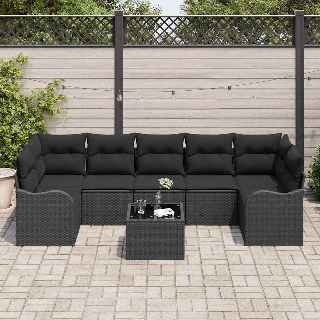 Garden Sofa Set 8 Pcs Black Poly Rattan Steel and Glass